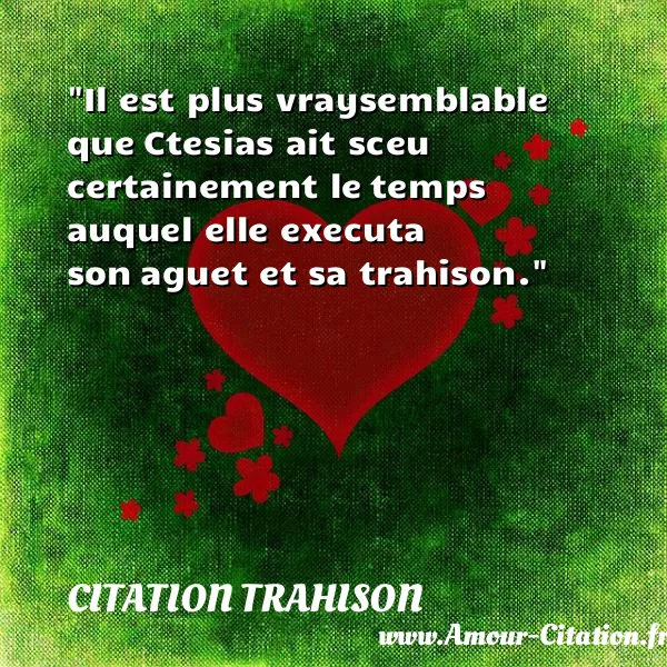 Il est plus vraysemblable que Ctesias ait sceu certainement le temps auquel elle executa son aguet et sa trahison. CITATION TRAHISON