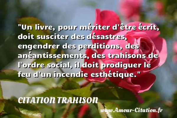 Un livre, pour mériter d être écrit, doit susciter des désastres, engendrer des perditions, des anéantissements, des trahisons de l ordre social, il doit prodiguer le feu d un incendie esthétique.  CITATION TRAHISON