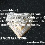  Ah, morbleu ! Mêlez-vous, monsieur, de vos affaires. C est de sa trahison n être que trop certain, Que l avoir, dans ma poche, écrite de sa main.  CITATION TRAHISON