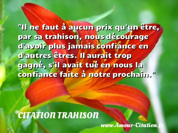 Il ne faut à aucun prix qu un être, par sa trahison, nous décourage d avoir plus jamais confiance en d autres êtres. Il aurait trop gagné, s il avait tué en nous la confiance faite à notre prochain.  CITATION TRAHISON
