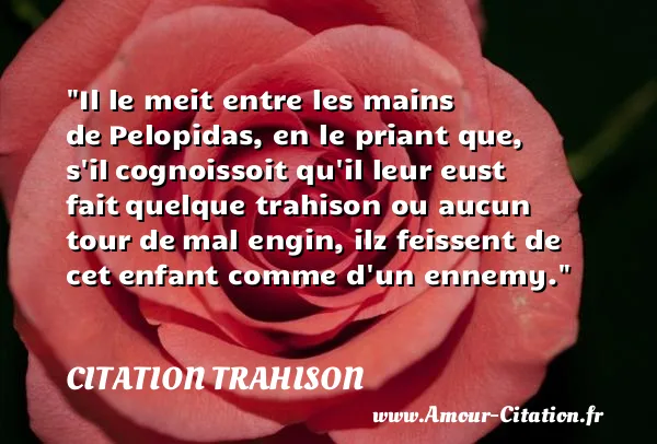 Il le meit entre les mains de Pelopidas, en le priant que, s il cognoissoit qu il leur eust fait quelque trahison ou aucun tour de mal engin, ilz feissent de cet enfant comme d un ennemy. CITATION TRAHISON