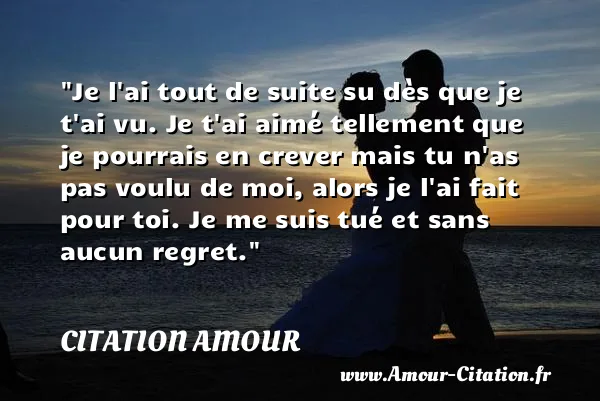 Je l ai tout de suite su dès que je t ai vu. Je t ai aimé tellement que je pourrais en crever mais tu n as pas voulu de moi, alors je l ai fait pour toi. Je me suis tué et sans aucun regret.  CITATION AMOUR
