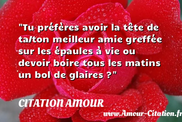 Tu préfères avoir la tête de ta/ton meilleur amie greffée sur les épaules à vie ou devoir boire tous les matins un bol de glaires ?  CITATION AMOUR