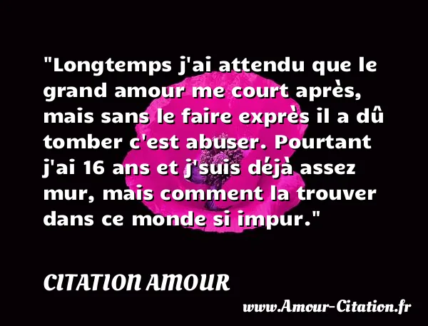 Longtemps j ai attendu que le grand amour me court après, mais sans le faire exprès il a dû tomber c est abuser. Pourtant j ai 16 ans et j suis déjà assez mur, mais comment la trouver dans ce monde si impur.  CITATION AMOUR