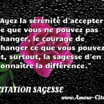  Ayez la sérénité d accepter ce que vous ne pouvez pas changer, le courage de changer ce que vous pouvez et, surtout, la sagesse d en connaître la différence.  CITATION SAGESSE
