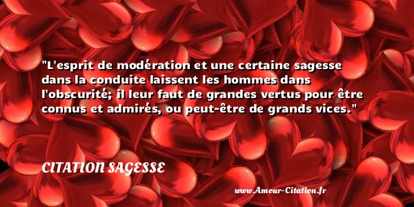 L esprit de modération et une certaine sagesse dans la conduite laissent les hommes dans l obscurité; il leur faut de grandes vertus pour être connus et admirés, ou peut-être de grands vices.  CITATION SAGESSE