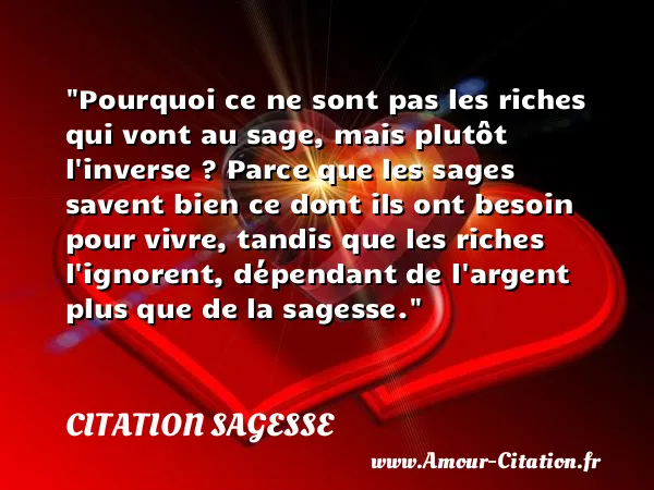 Pourquoi ce ne sont pas les riches qui vont au sage, mais plutôt l inverse ? Parce que les sages savent bien ce dont ils ont besoin pour vivre, tandis que les riches l ignorent, dépendant de l argent plus que de la sagesse.  CITATION SAGESSE