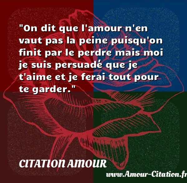 On dit que l amour n en vaut pas la peine puisqu on finit par le perdre mais moi je suis persuadé que je t aime et je ferai tout pour te garder.  CITATION AMOUR