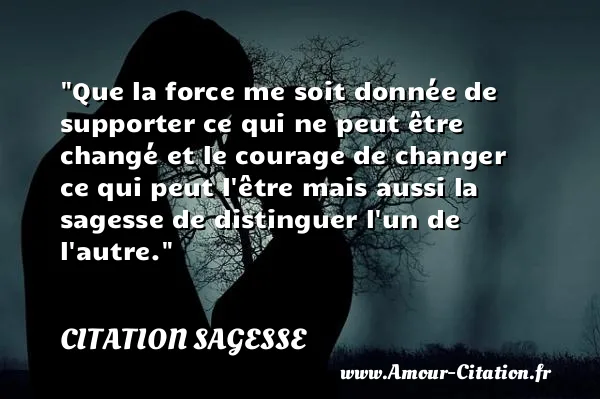 Que la force me soit donnée de supporter ce qui ne peut être changé et le courage de changer ce qui peut l être mais aussi la sagesse de distinguer l un de l autre. CITATION SAGESSE