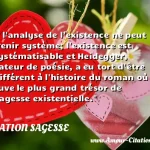  ... l analyse de l existence ne peut devenir système; l existence est insystématisable et Heidegger, amateur de poésie, a eu tort d être indifférent à l histoire du roman où se trouve le plus grand trésor de la sagesse existentielle.  CITATION SAGESSE