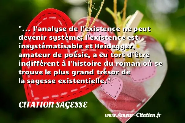 ... l analyse de l existence ne peut devenir système; l existence est insystématisable et Heidegger, amateur de poésie, a eu tort d être indifférent à l histoire du roman où se trouve le plus grand trésor de la sagesse existentielle. CITATION SAGESSE