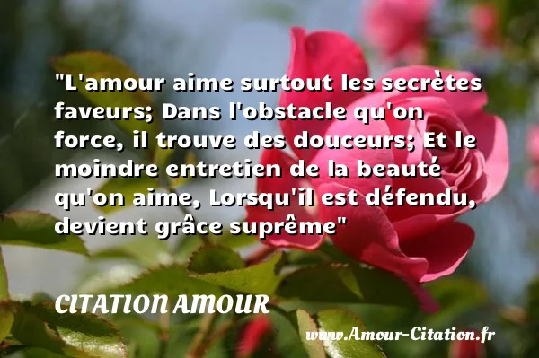 L amour aime surtout les secrètes faveurs; Dans l obstacle qu on force, il trouve des douceurs; Et le moindre entretien de la beauté qu on aime, Lorsqu il est défendu, devient grâce suprême  CITATION AMOUR