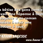  La bêtise des gens consiste à avoir une réponse à tout. La sagesse d un roman consiste à avoir une question à tout.  CITATION SAGESSE