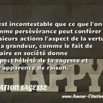  Il est incontestable que ce que l on nomme persévérance peut conférer à plusieurs actions l aspect de la vertu et de la grandeur, comme le fait de se taire en société donne l aspect hébété de la sagesse et une apparence de raison.  CITATION SAGESSE