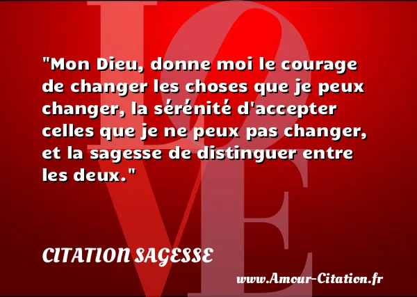 Mon Dieu, donne moi le courage de changer les choses que je peux changer, la sérénité d accepter celles que je ne peux pas changer, et la sagesse de distinguer entre les deux.  CITATION SAGESSE