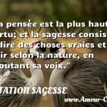  La pensée est la plus haute vertu; et la sagesse consiste à dire des choses vraies et à agir selon la nature, en écoutant sa voix.  CITATION SAGESSE