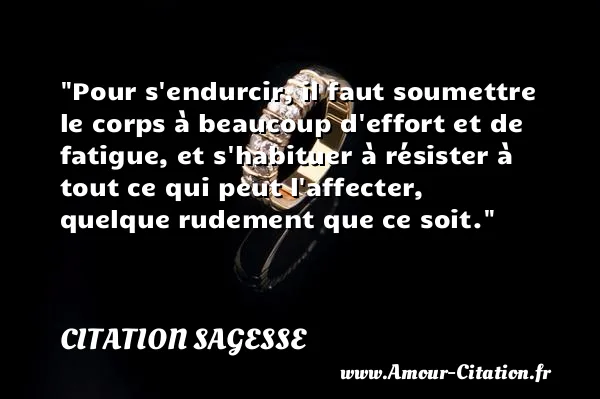 Pour s endurcir, il faut soumettre le corps à beaucoup d effort et de fatigue, et s habituer à résister à tout ce qui peut l affecter, quelque rudement que ce soit.  CITATION SAGESSE