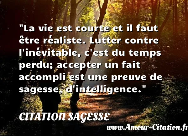 La vie est courte et il faut être réaliste. Lutter contre l inévitable, c est du temps perdu; accepter un fait accompli est une preuve de sagesse, d intelligence.  CITATION SAGESSE