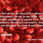  Quand je rêve de toi, je rêve d être dans tes bras. Quand la nuit passe, de toi je me lasse. Je ne comprends pas, pourquoi je pense à toi. Tu es dans mes cauchemars, de toi j en est marre. Pourquoi es-tu là, à me dire que tu tiens à moi. Alors que dans mon dos, t emmènes une autre fille au resto. Nous deux c est fini, ne me gâche pas la vie. Ca fait déjà 3 mois, et toujours aucune nouvelle de toi. Même tes amis ou ta famille, me demande ou t es si t es parti en vrille. Puis ton frère m a appelé, et m a dit de ne pas pleurer. Mais trop forte est ma souffrance, je n ai jamais eu de chance. Mais n’oublie à aucun moment que je t aime, même si la mort aujourd hui t emmène !  CITATION AMOUR