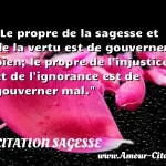  Le propre de la sagesse et de la vertu est de gouverner bien; le propre de l injustice et de l ignorance est de gouverner mal.  CITATION SAGESSE