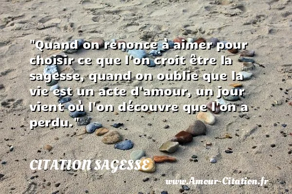 Quand on renonce à aimer pour choisir ce que l on croit être la sagesse, quand on oublie que la vie est un acte d amour, un jour vient où l on découvre que l on a perdu.  CITATION SAGESSE
