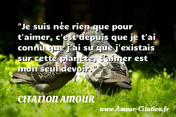 Je suis née rien que pour t aimer, c est depuis que je t ai connu que j ai su que j existais sur cette planète, t aimer est mon seul devoir.  CITATION AMOUR
