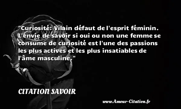 Curiosité: Vilain défaut de l esprit féminin. L envie de savoir si oui ou non une femme se consume de curiosité est l une des passions les plus actives et les plus insatiables de l âme masculine.  CITATION SAVOIR