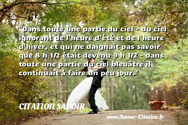 Dans toute une partie du ciel - du ciel ignorant de l heure d été et de l heure d hiver, et qui ne daignait pas savoir que 8 h 1/2 était devenu 9 h 1/2 - dans toute une partie du ciel bleuâtre il continuait à faire un peu jour.  CITATION SAVOIR