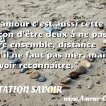 L'amour c'est aussi cette façon L amour c est aussi cette façon d être deux à ne pas être ensemble, distance qu il ne faut pas nier, mais savoir reconnaître. CITATION SAVOIR