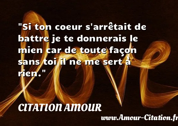 Si ton coeur s arrêtait de battre je te donnerais le mien car de toute façon sans toi il ne me sert à rien.  CITATION AMOUR