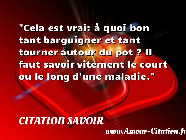 Cela est vrai: à quoi bon tant barguigner et tant tourner autour du pot ? Il faut savoir vitement le court ou le long d une maladie.  CITATION SAVOIR