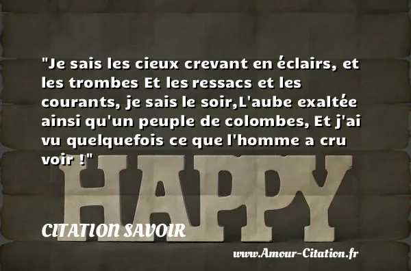 Je sais les cieux crevant en éclairs, et les trombes Et les ressacs et les courants, je sais le soir,L aube exaltée ainsi qu un peuple de colombes, Et j ai vu quelquefois ce que l homme a cru voir !  CITATION SAVOIR