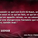  Faute de savoir ce qui est écrit là-haut, on ne sait ni ce qu on veut ni ce qu on fait, et qu on suit sa fantaisie qu on appelle raison, ou sa raison qui n est souvent qu une dangereuse fantaisie qui tourne tantôt bien, tantôt mal.  CITATION SAVOIR