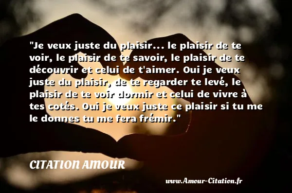 Je veux juste du plaisir... le plaisir de te voir, le plaisir de te savoir, le plaisir de te découvrir et celui de t aimer. Oui je veux juste du plaisir, de te regarder te levé, le plaisir de te voir dormir et celui de vivre à tes cotés. Oui je veux juste ce plaisir si tu me le donnes tu me fera frémir.  CITATION AMOUR