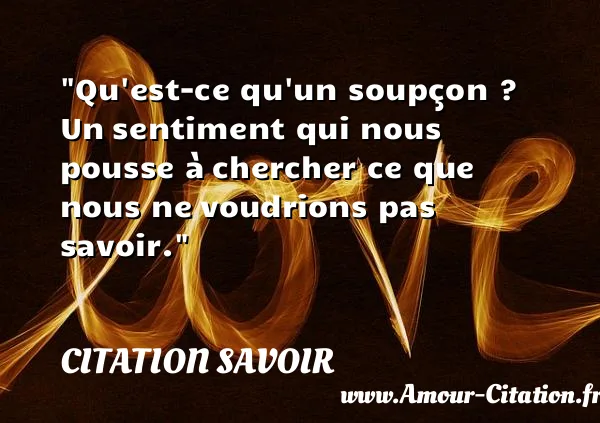 Qu est-ce qu un soupçon ? Un sentiment qui nous pousse à chercher ce que nous ne voudrions pas savoir. CITATION SAVOIR