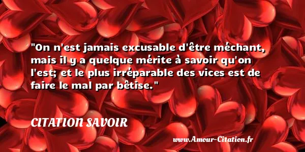 On n est jamais excusable d être méchant, mais il y a quelque mérite à savoir qu on l est; et le plus irréparable des vices est de faire le mal par bêtise.  CITATION SAVOIR