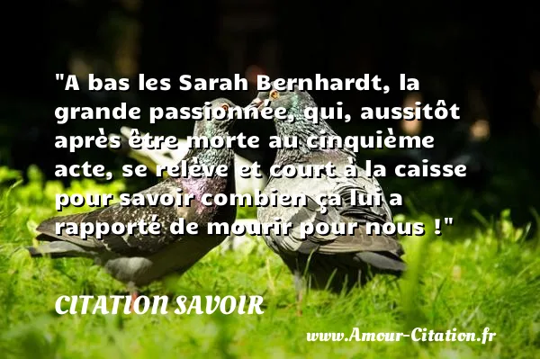 A bas les Sarah Bernhardt, la grande passionnée, qui, aussitôt après être morte au cinquième acte, se relève et court à la caisse pour savoir combien ça lui a rapporté de mourir pour nous ! CITATION SAVOIR