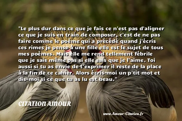 Le plus dur dans ce que je fais ce n est pas d aligner ce que je suis en train de composer, c est de ne pas faire comme le poème qui a précédé quand j écris ces rimes je pense à une fille elle est le sujet de tous mes poèmes. Mais elle me rend tellement fébrile que je sais même pas si elle sais que je l aime. Toi aussi si tu as envie de t exprimer il reste de la place à la fin de ce cahier. Alors écris-moi un p tit mot et dis-moi si ce que tu as lu est beau.  CITATION AMOUR