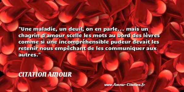 Une maladie, un deuil, on en parle... mais un chagrin d amour scelle les mots au bord des lèvres comme si une incompréhensible pudeur devait les retenir nous empêchant de les communiquer aux autres. CITATION AMOUR