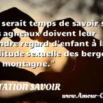  Il serait temps de savoir si les agneaux doivent leur tendre regard d enfant à la solitude sexuelle des bergers de montagne.  CITATION SAVOIR