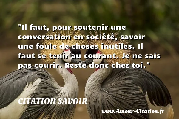 Il faut, pour soutenir une conversation en société, savoir une foule de choses inutiles. Il faut se tenir au courant. Je ne sais pas courir. Reste donc chez toi. CITATION SAVOIR