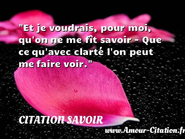 Et je voudrais, pour moi, qu on ne me fît savoir - Que ce qu avec clarté l on peut me faire voir.  CITATION SAVOIR
