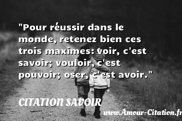 Pour réussir dans le monde, retenez bien ces trois maximes: voir, c est savoir; vouloir, c est pouvoir; oser, c est avoir. CITATION SAVOIR