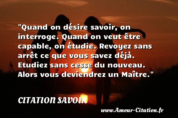 Quand on désire savoir, on interroge. Quand on veut être capable, on étudie. Revoyez sans arrêt ce que vous savez déjà. Etudiez sans cesse du nouveau. Alors vous deviendrez un Maître. CITATION SAVOIR