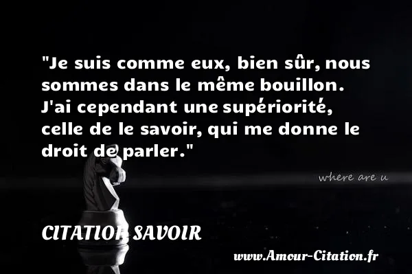 Je suis comme eux, bien sûr, nous sommes dans le même bouillon. J ai cependant une supériorité, celle de le savoir, qui me donne le droit de parler.  CITATION SAVOIR