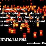  L amour est une catastrophe magnifique: savoir que l on fonce dans un mur, et accélerer quand même.  CITATION SAVOIR