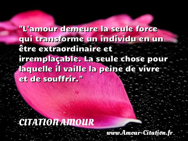 L amour demeure la seule force qui transforme un individu en un être extraordinaire et irremplaçable. La seule chose pour laquelle il vaille la peine de vivre et de souffrir.  CITATION AMOUR