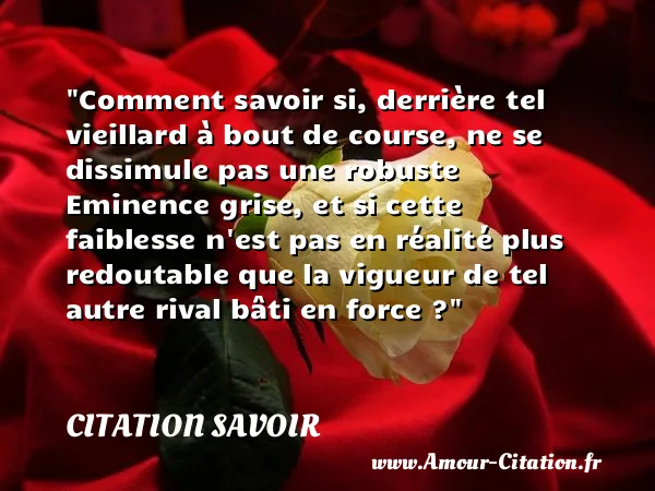 Comment savoir si, derrière tel vieillard à bout de course, ne se dissimule pas une robuste Eminence grise, et si cette faiblesse n est pas en réalité plus redoutable que la vigueur de tel autre rival bâti en force ? CITATION SAVOIR