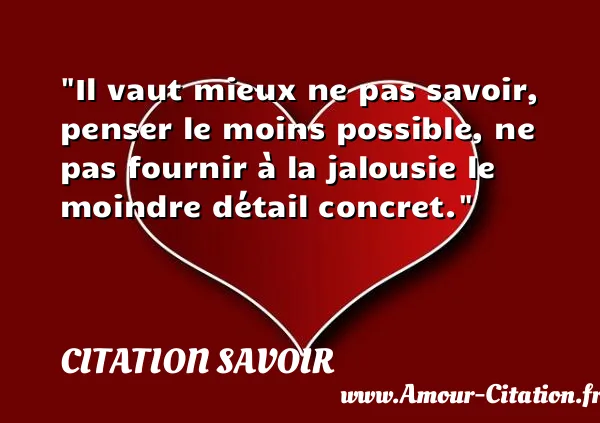 Il vaut mieux ne pas savoir, penser le moins possible, ne pas fournir à la jalousie le moindre détail concret.  CITATION SAVOIR