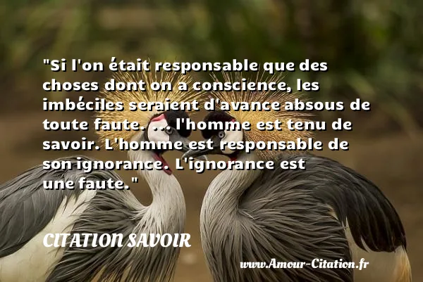 Si l on était responsable que des choses dont on a conscience, les imbéciles seraient d avance absous de toute faute. ... l homme est tenu de savoir. L homme est responsable de son ignorance. L ignorance est une faute.  CITATION SAVOIR